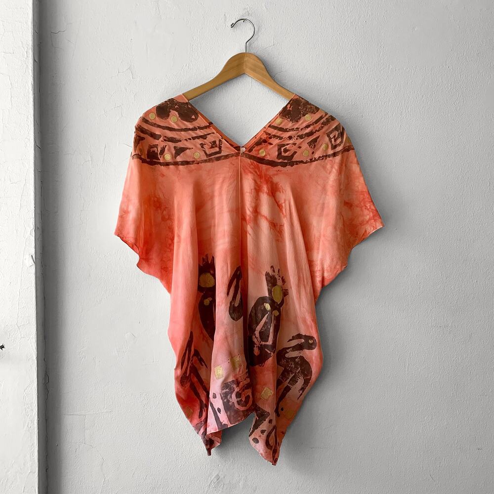 Vintage 80s BOHO Laise Adzer Hand-Painted Silk Tunic Top Bird Print Lagenlook